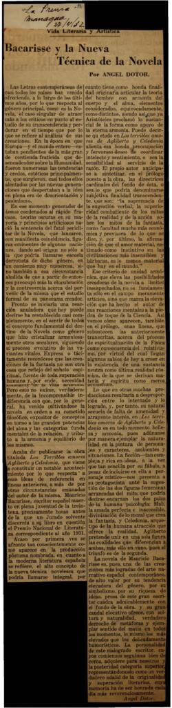 Bacarisse y la nueva técnica de la Novela. Dotor, Ángel . La Prensa . Managua (Nicaragua);