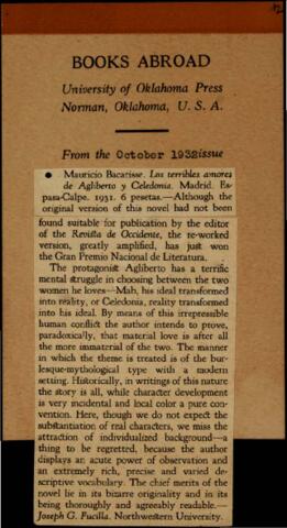 Mauricio Bacarisse. Los terribles amores de Agilberto y Celedonia. Fucylla, Joseph G. . Books Abroad . Oklahoma (USA);