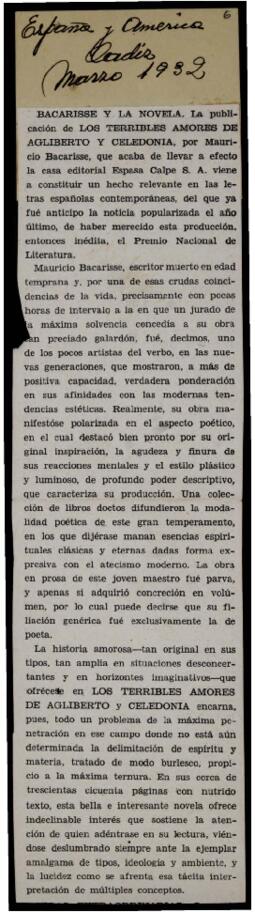 Bacarisse y la novela, la publicación de los terribles amores…. [s.n.] . España y América . Cádiz;